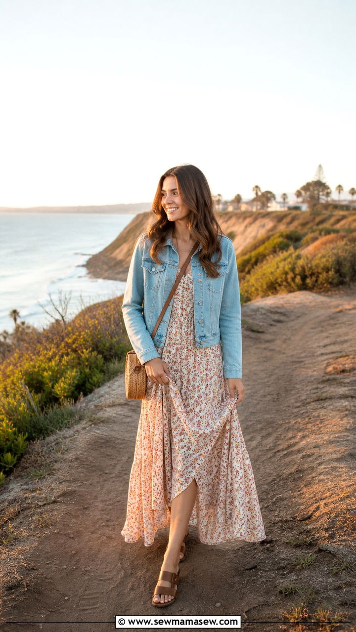 Flowy Maxi Dress With Denim Jacket - 40 Road trip outfit ideas