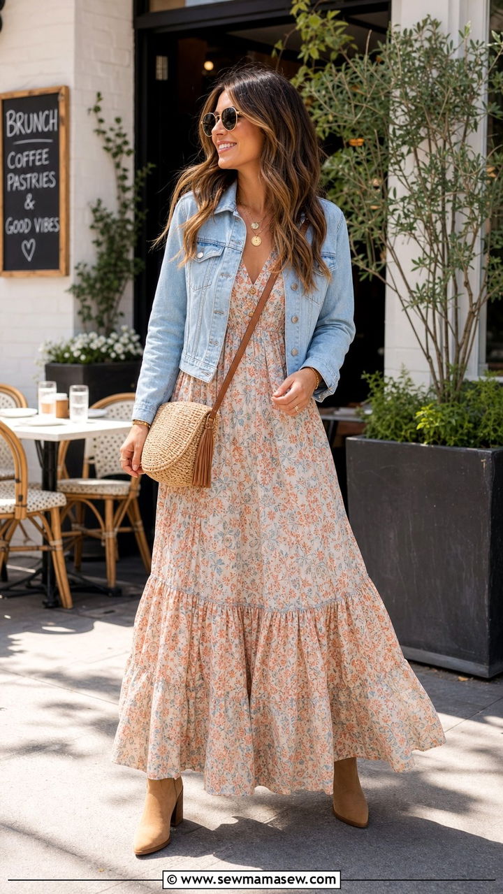 Flowy Maxi Dress With Denim Jacket - 35 casual boho chic outfits