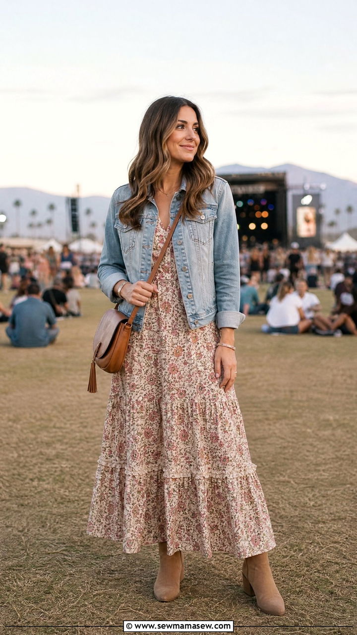Flowy Maxi Dress With Denim Jacket - 30 modest concert outfit ideas