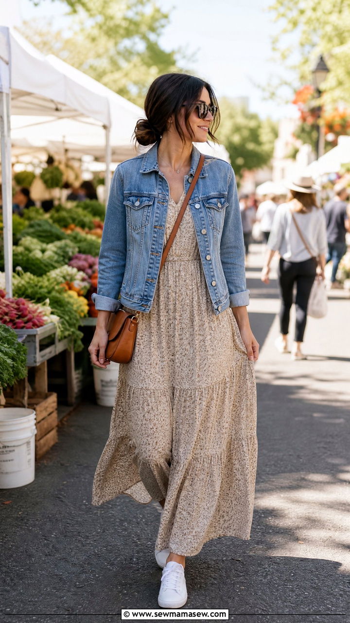 Flowy Maxi Dress With Denim Jacket - 30 modest classy outfits for women