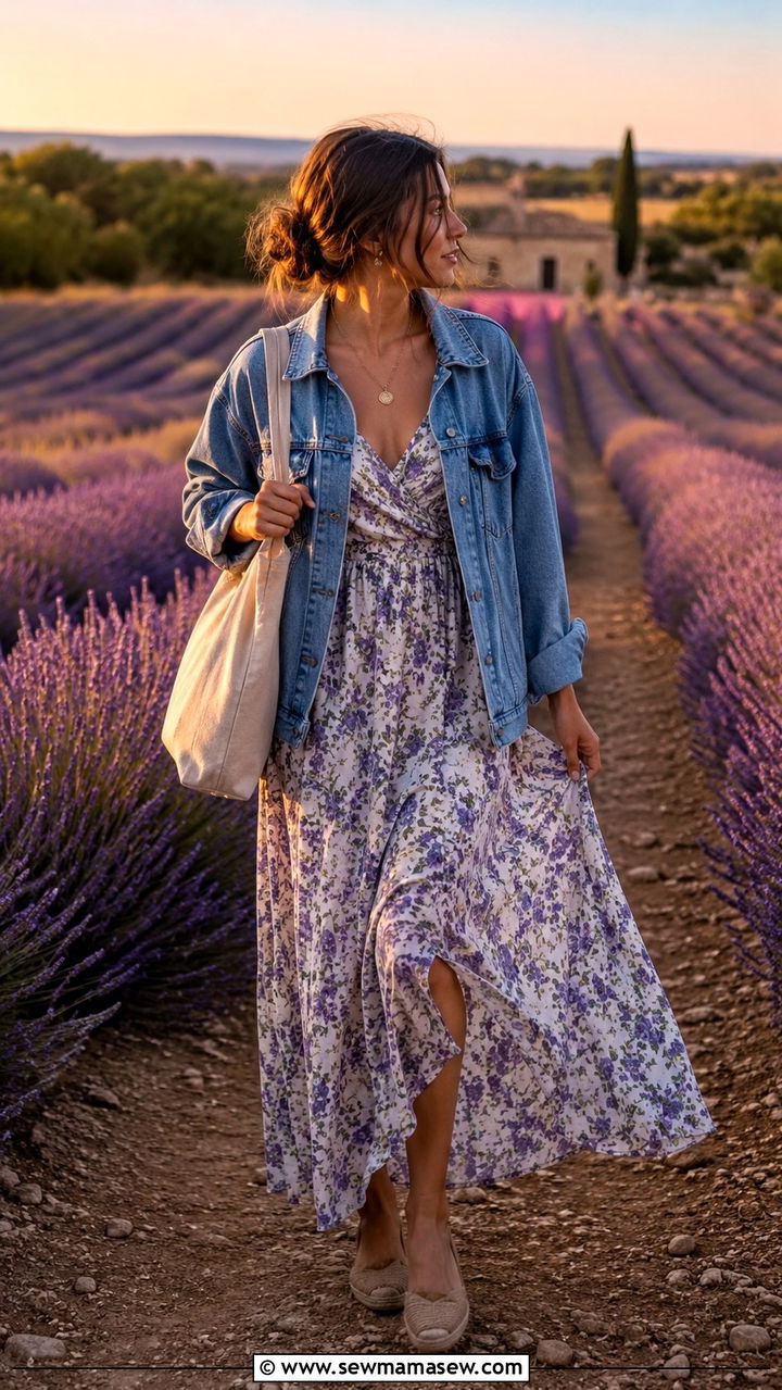 Flowy Maxi Dress With Denim Jacket And Flat Espadrilles - 25 Provence outfit ideas