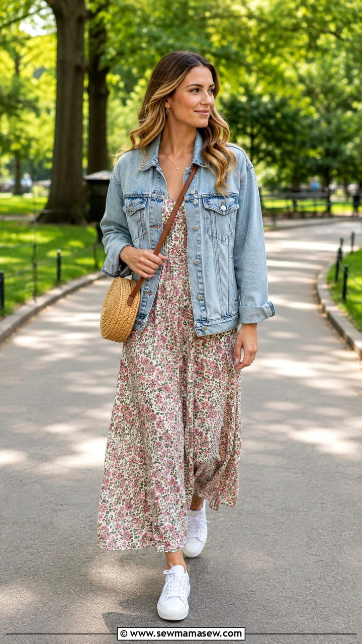 Flowy Maxi Dress With Denim Jacket And Sneakers - 30 casual fairycore outfits