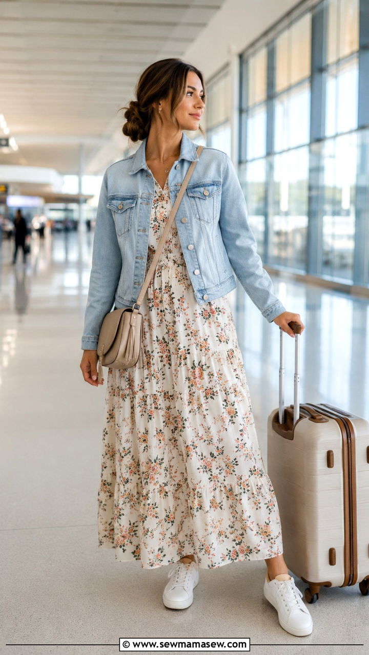 Flowy Maxi Dress With Denim Jacket And White Sneakers - 30 Modest travel outfit ideas