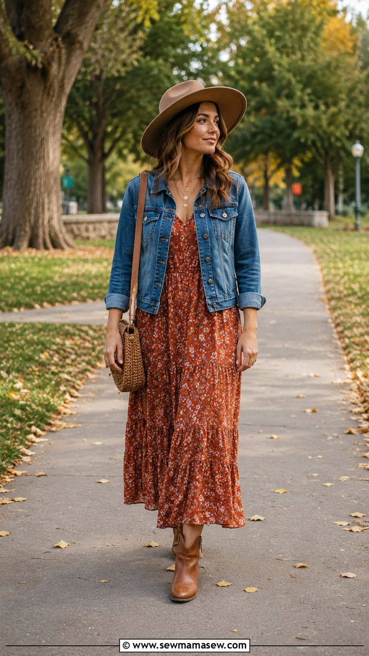 Flowy Maxi Dress With Denim Jacket Boho Chic - 25 boho chic outfits inspo