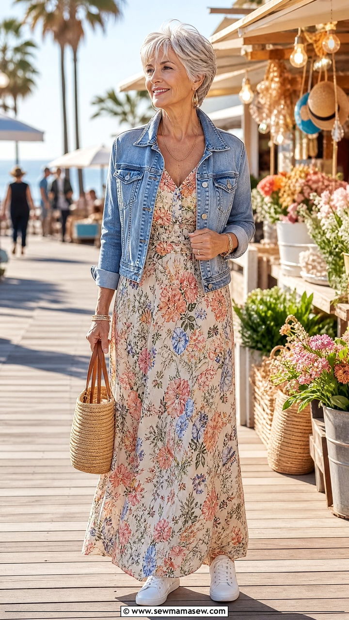Flowy Maxi Dress With Denim Jacket For Women Over 60 - 30 Going out outfit ideas women over 60