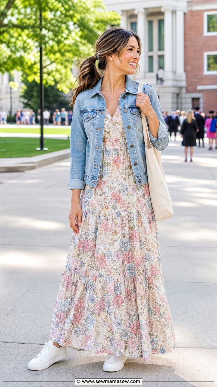 Flowy Maxi Dress With Denim Jacket - 35 Graduation outfits for moms