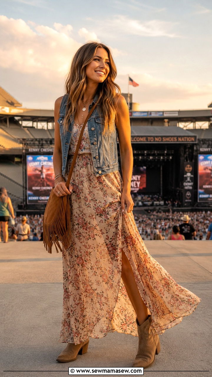 Flowy Maxi Dress With Denim Vest And Ankle Boots - 30 Stadium concert outfit ideas