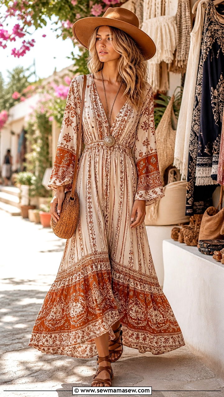 Flowy Maxi Dress With Ethnic Print - 40 boho chic outfits