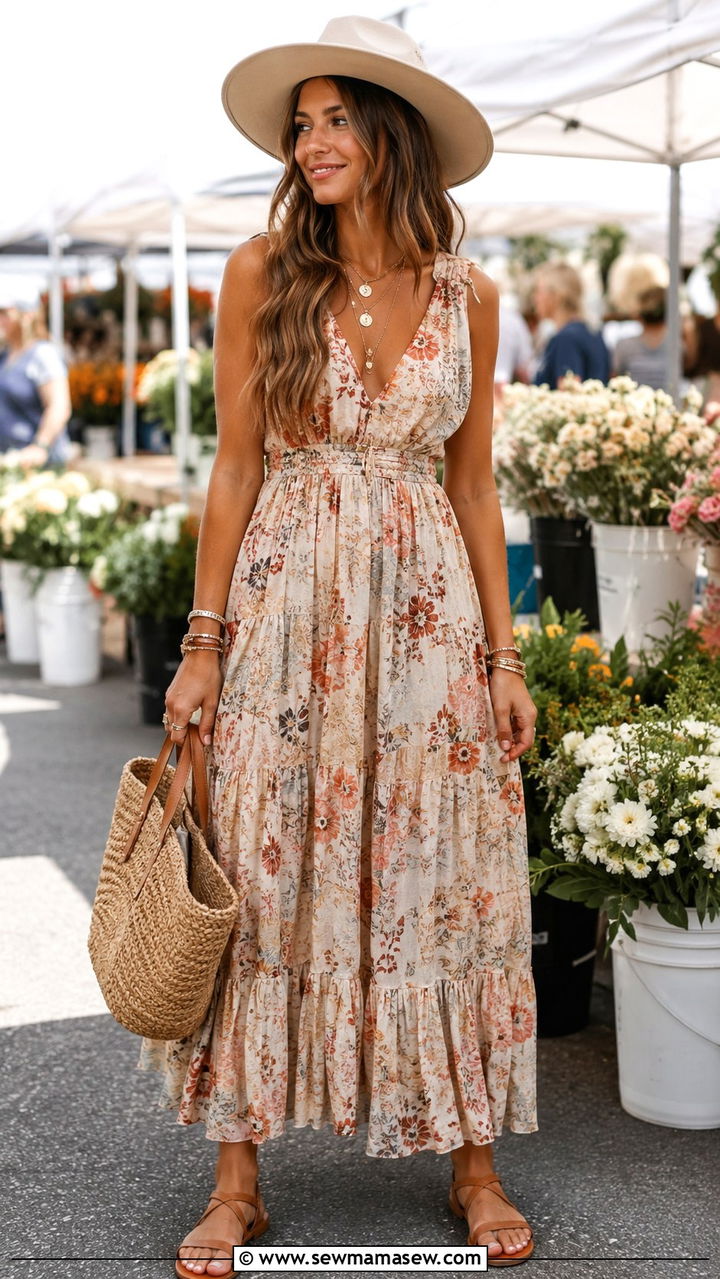 Flowy Maxi Dress With Flat Leather Sandals - 25 Boho outfit ideas with sandals
