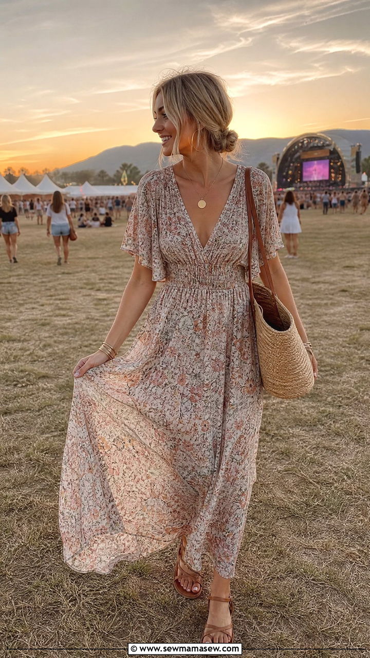 Flowy Maxi Dress With Flat Leather Sandals - 25 classy festival outfits