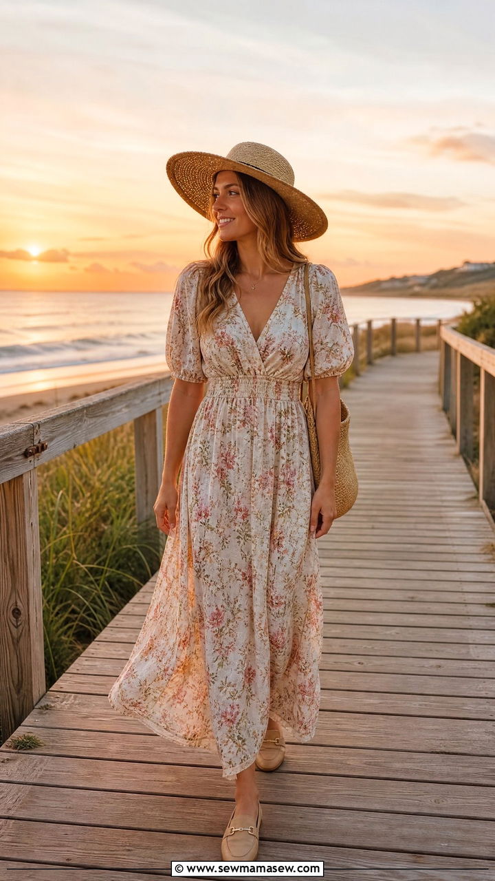 Flowy Maxi Dress With Flat Sand Colored Loafers and a Straw Hat - 30 Summer outfits with loafers