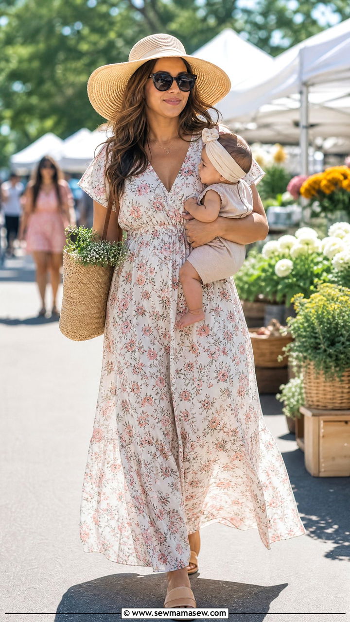 Flowy Maxi Dress With Flat Sandals - 30 summer outfits for new moms