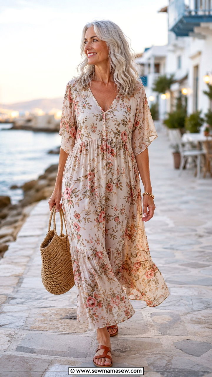 Flowy Maxi Dress With Flat Sandals - 25 Outfit ideas for women over 50 casual 2026