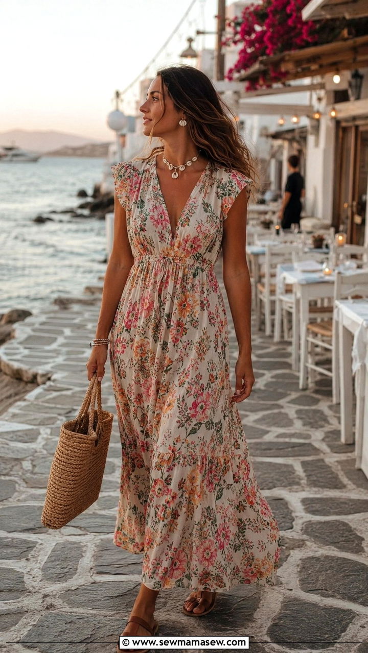 Flowy Maxi Dress With Flat Sandals - 30 chic dinner outfits for women