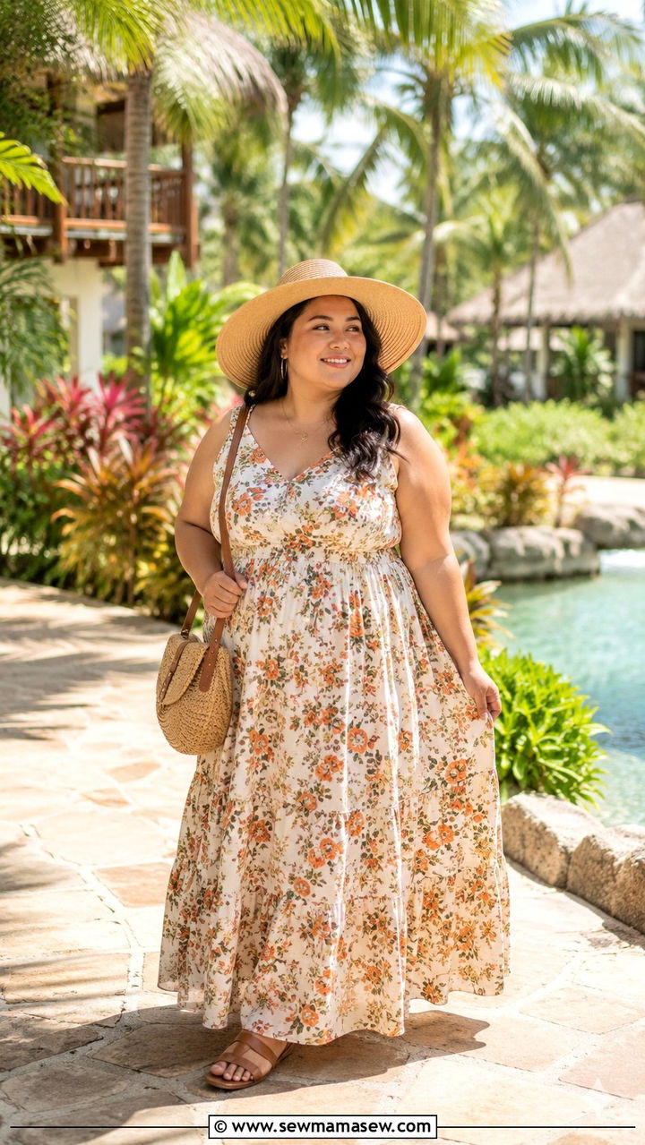 Flowy Maxi Dress With Flat Sandals And Straw Hat Petite Plus Size - 20 Petite plus size outfit ideas 18