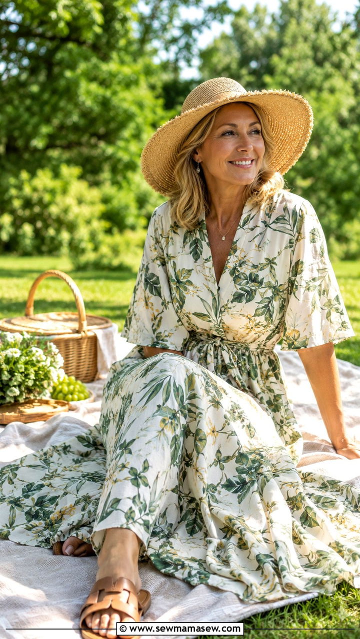 Flowy Maxi Dress With Flat Sandals And Sun Hat - 30 Picnic outfits for women over 50