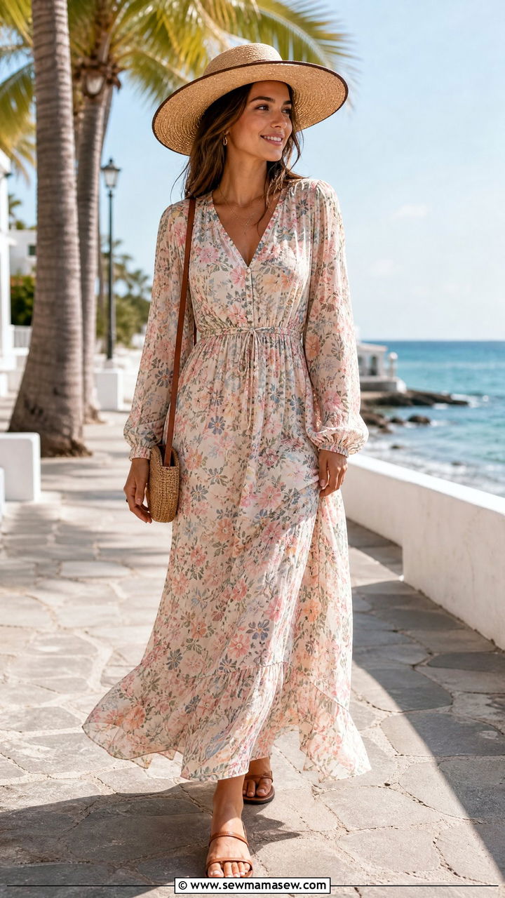 Flowy Maxi Dress With Flat Sandals Vacation Look - 25 Vacation outfit ideas modest women