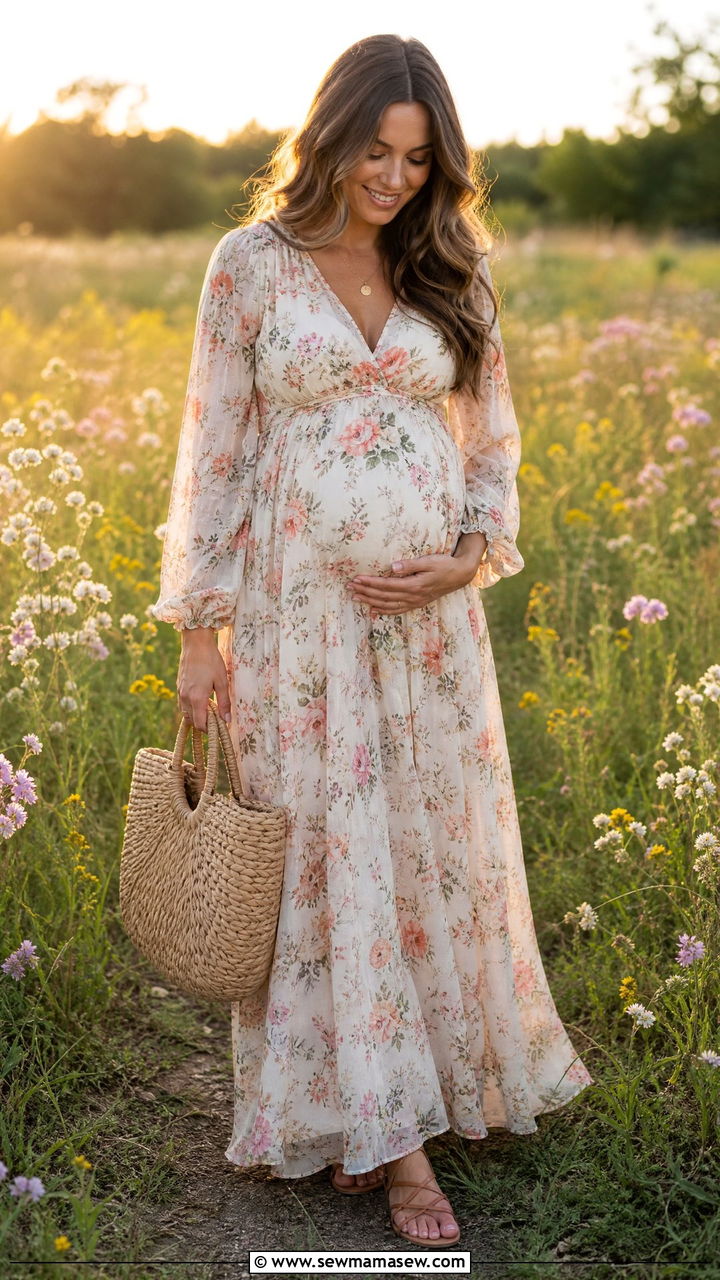 Flowy Maxi Dress With Floral Prints - 25 Maternity announcement outfit ideas