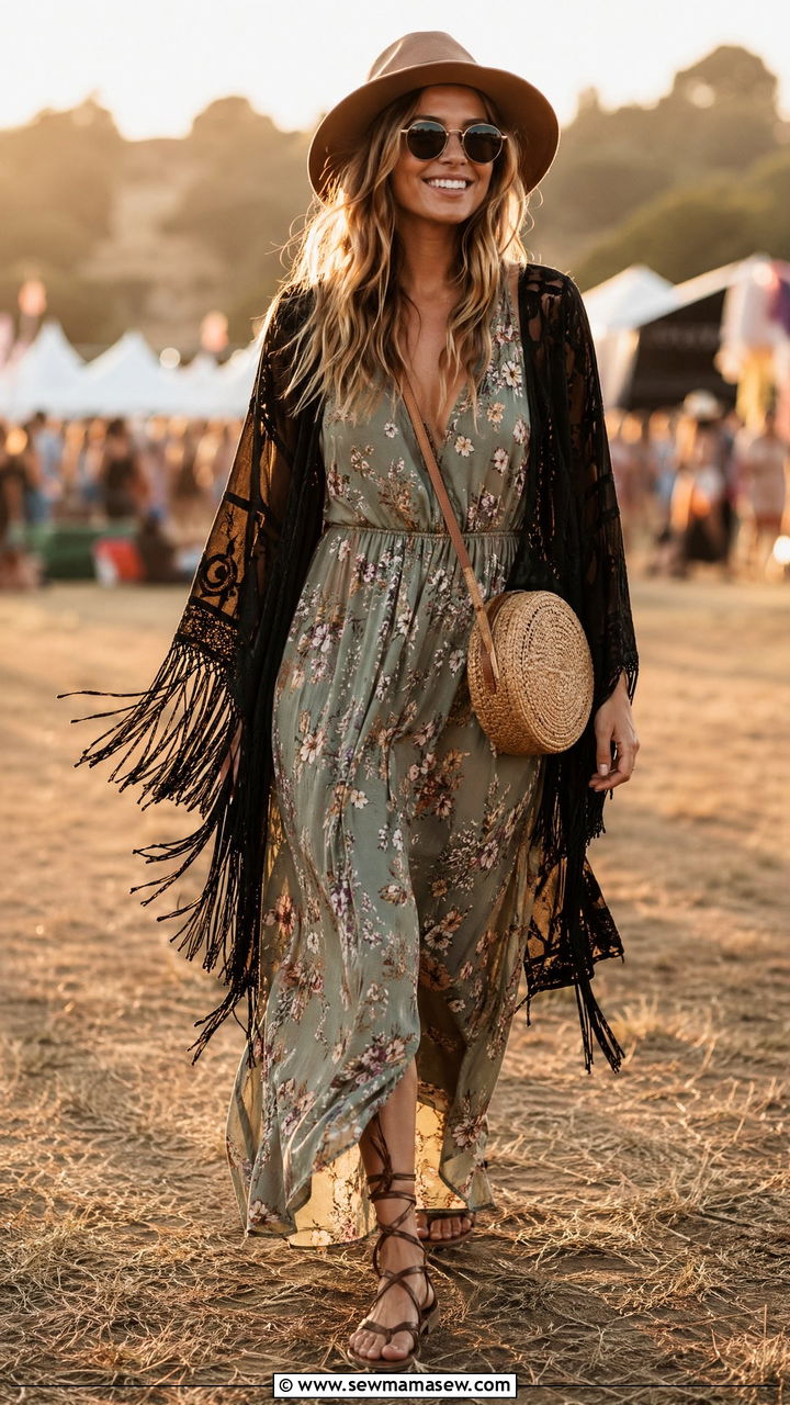 Flowy Maxi Dress With Fringe Kimono and Flat Sandals - 35 festival outfits aesthetic