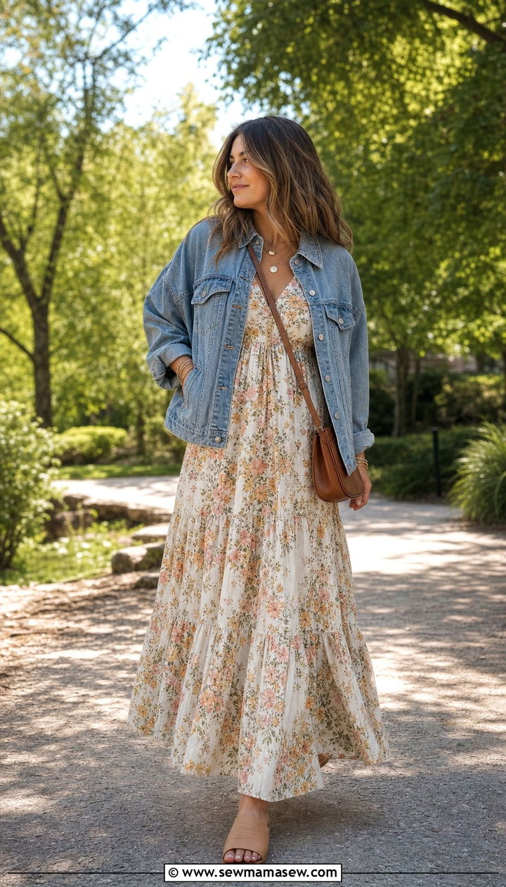 Flowy Maxi Dress With Lightweight Denim Jacket - 25 Early August outfit ideas