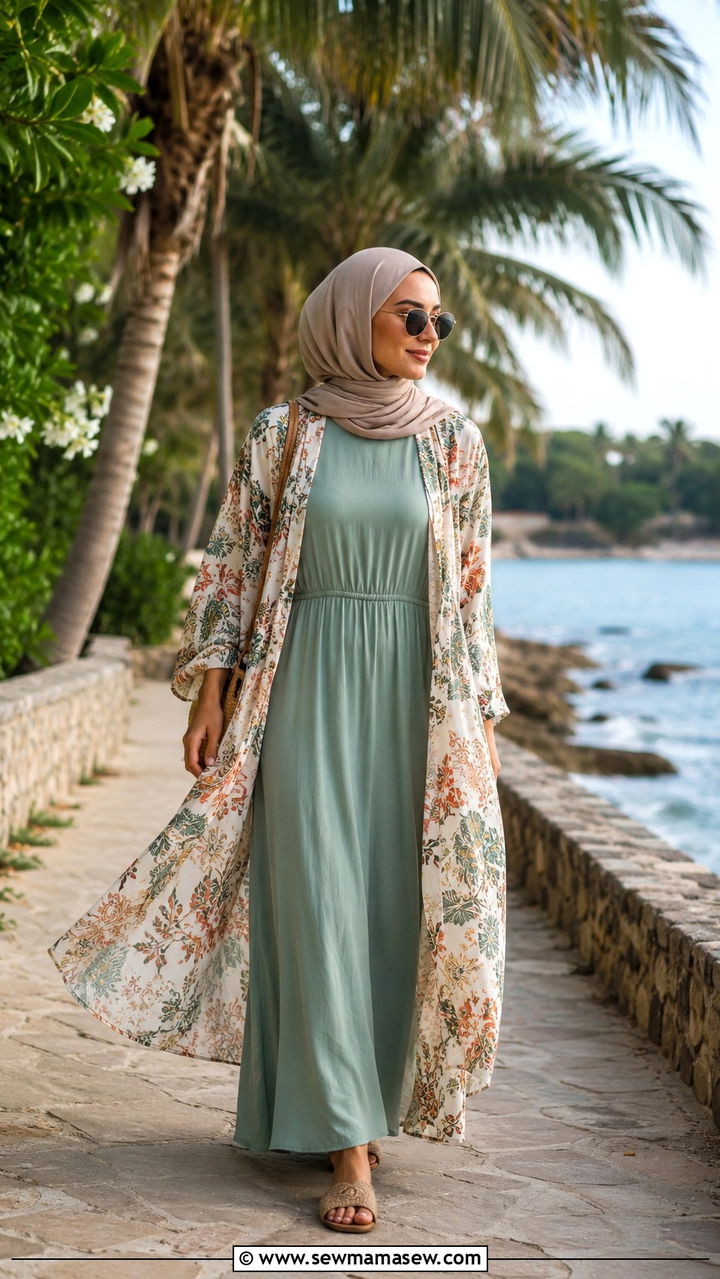 Flowy Maxi Dress With Lightweight Kimono And Flat Sandals - 30 Modest travel outfit ideas