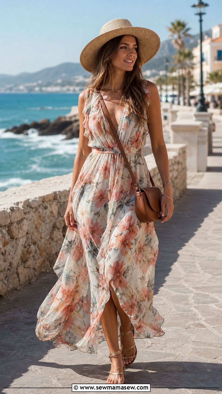 Flowy Maxi Dress With Strappy Sandals - 25 summer breezy outfit ideas