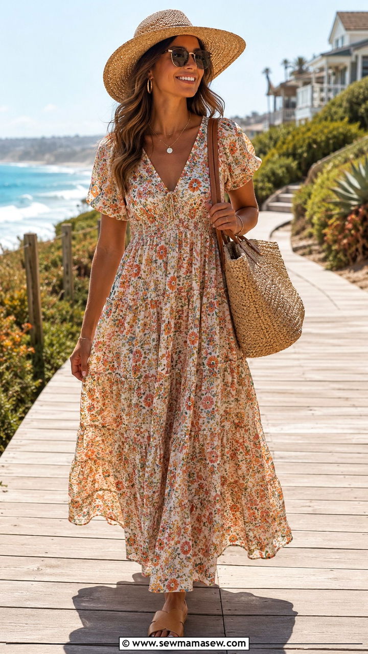 Flowy Maxi Dress With Straw Hat And Flat Sandals - 20 summer outfits 2026 women ideas