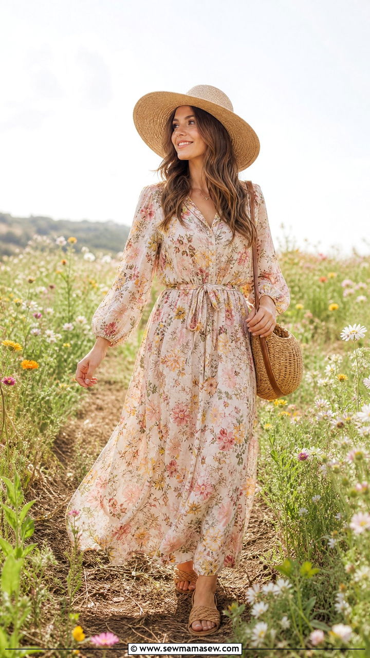 Flowy Maxi Dress With Straw Hat and Sandals - 40 Spring photoshoot outfits