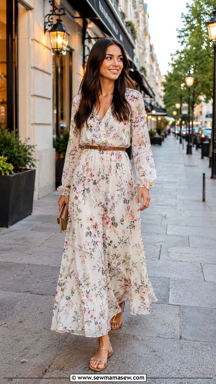 Flowy Maxi Dress With Waist Belt And Strappy Sandals - 30 modest girls night out outfit ideas