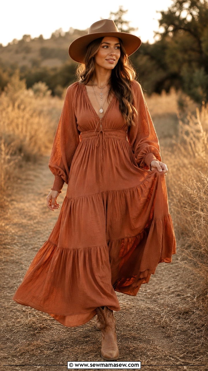 Flowy Maxi Dress With Wide Brim Hat - 25 Western outfit ideas with hat