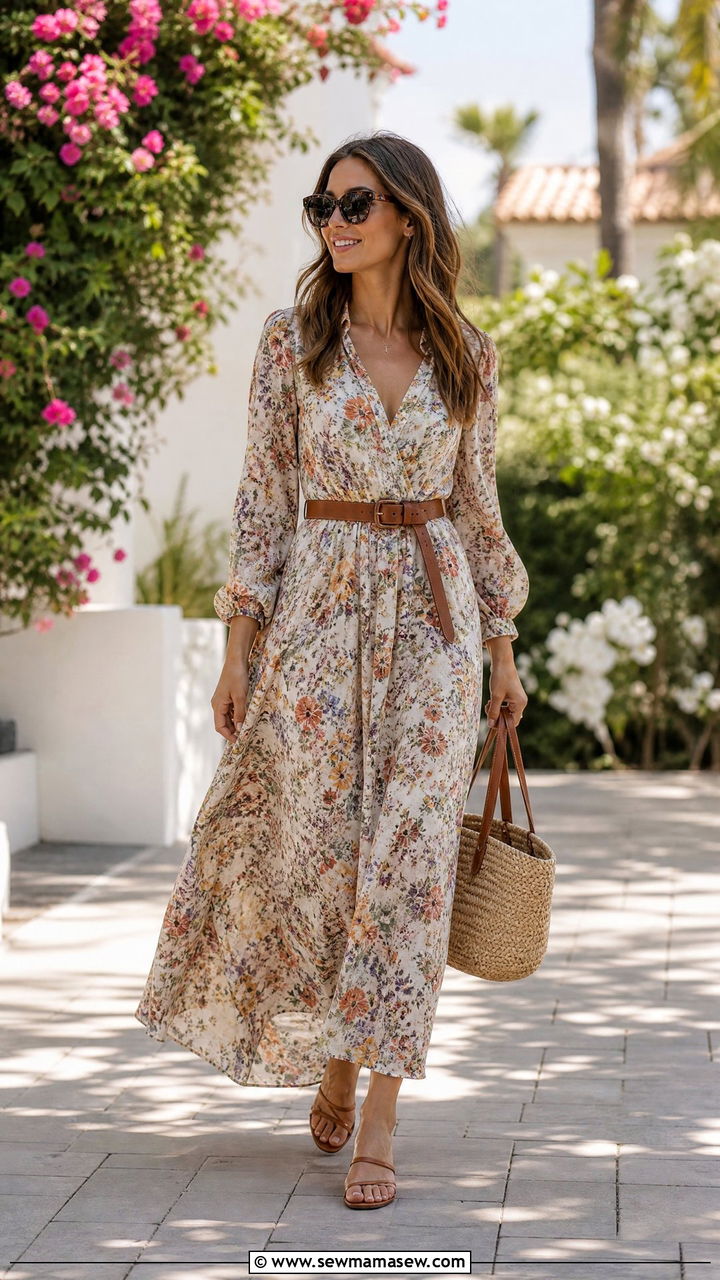 Flowy Maxi Dress With a Waist Belt and Low Kitten Heel Sandals - 25 Kitten heel outfit ideas