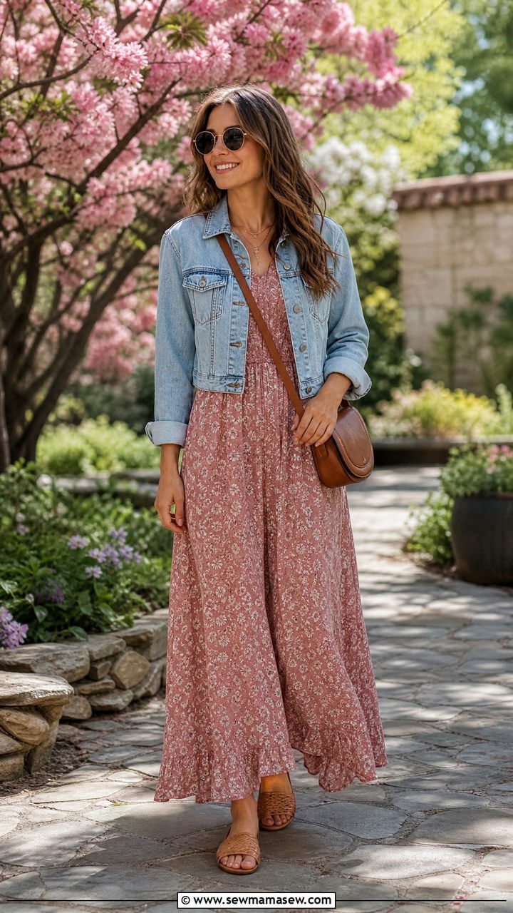 Flowy Maxi Dress and Denim Jacket - 30 cute travel outfits