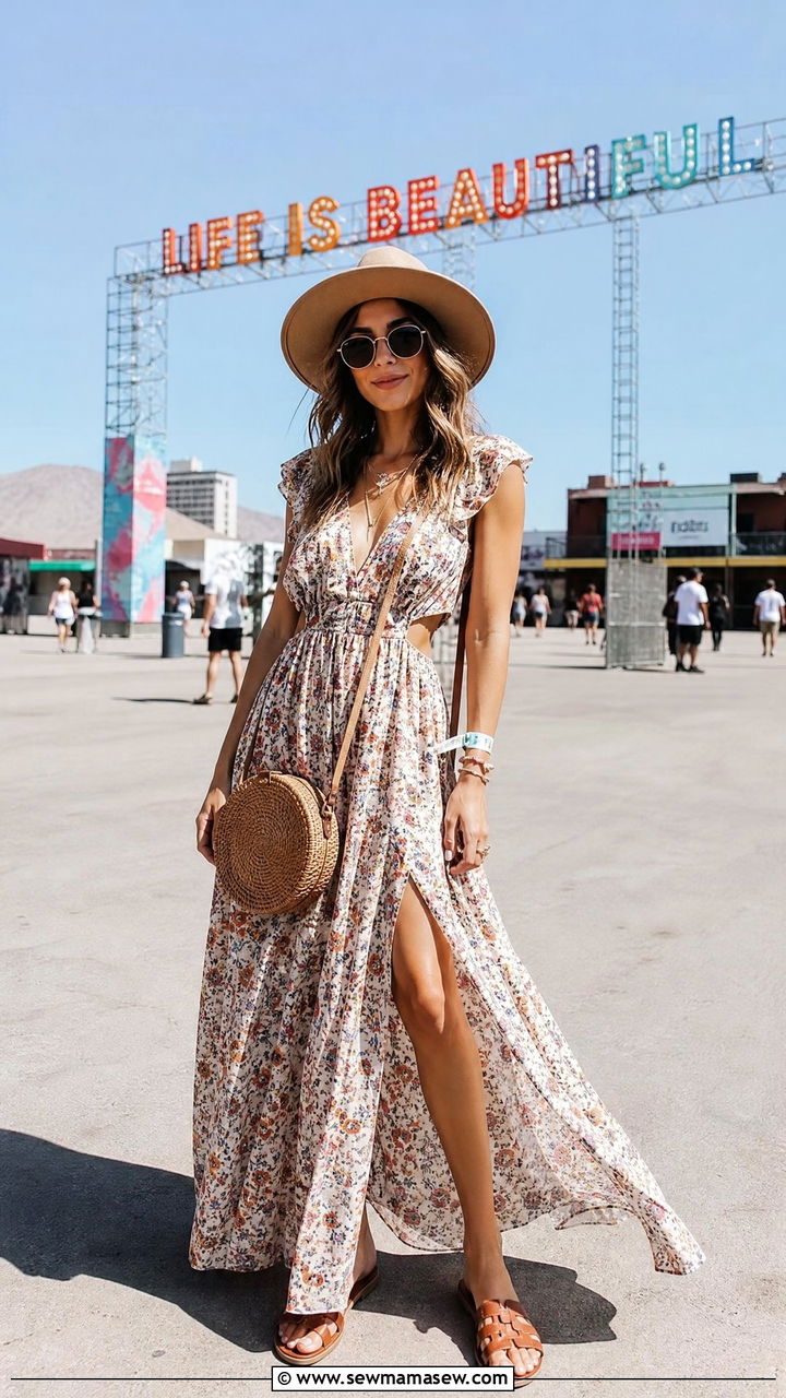 Flowy Maxi Dress and Flat Sandals Outfit for Life Is Beautiful - 25 Life is Beautiful outfit ideas