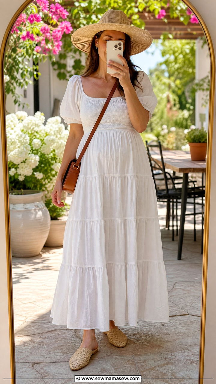 Flowy Maxi Dress and Straw Sun Hat Outfit - 30 summer outfits for postpartum moms
