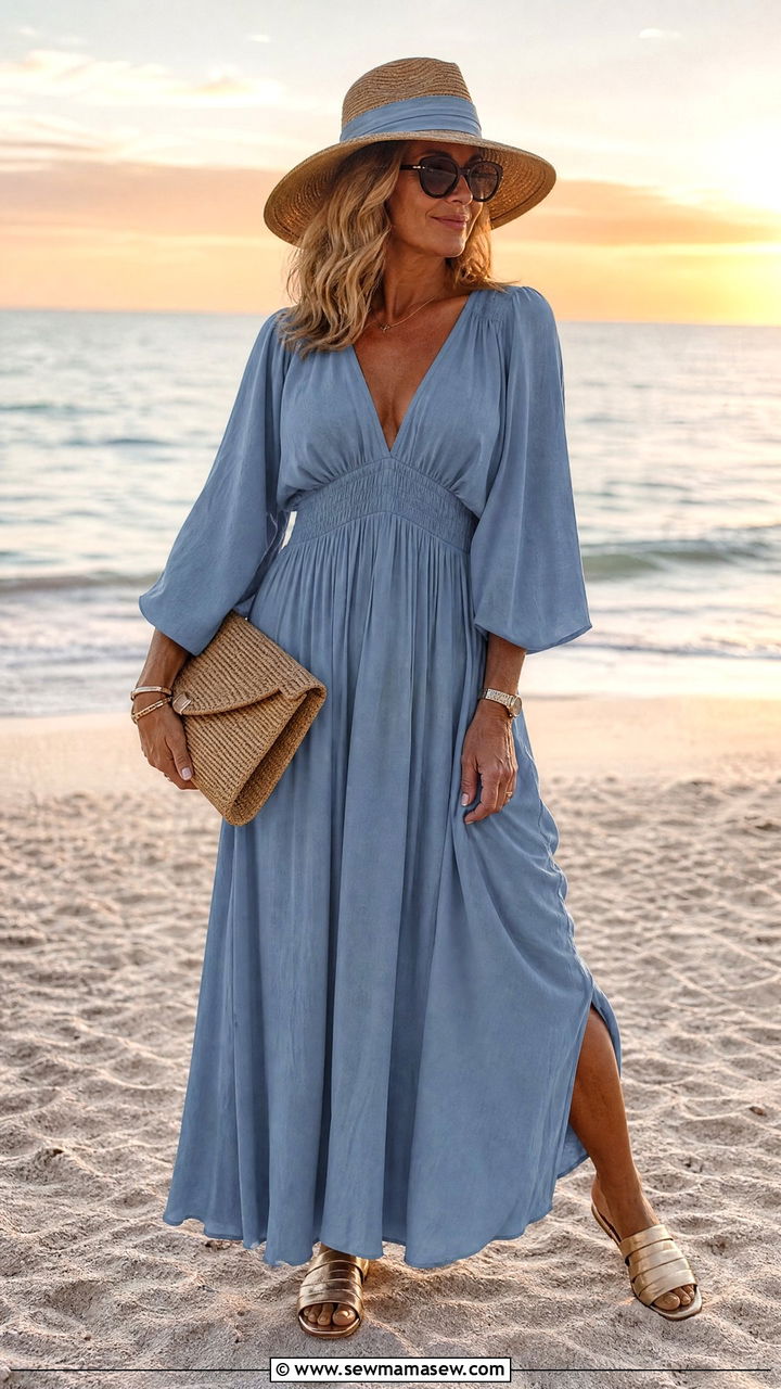 Flowy Maxi Dress and Straw Sun Hat - 30 coastal grandmother outfit ideas for women over 40