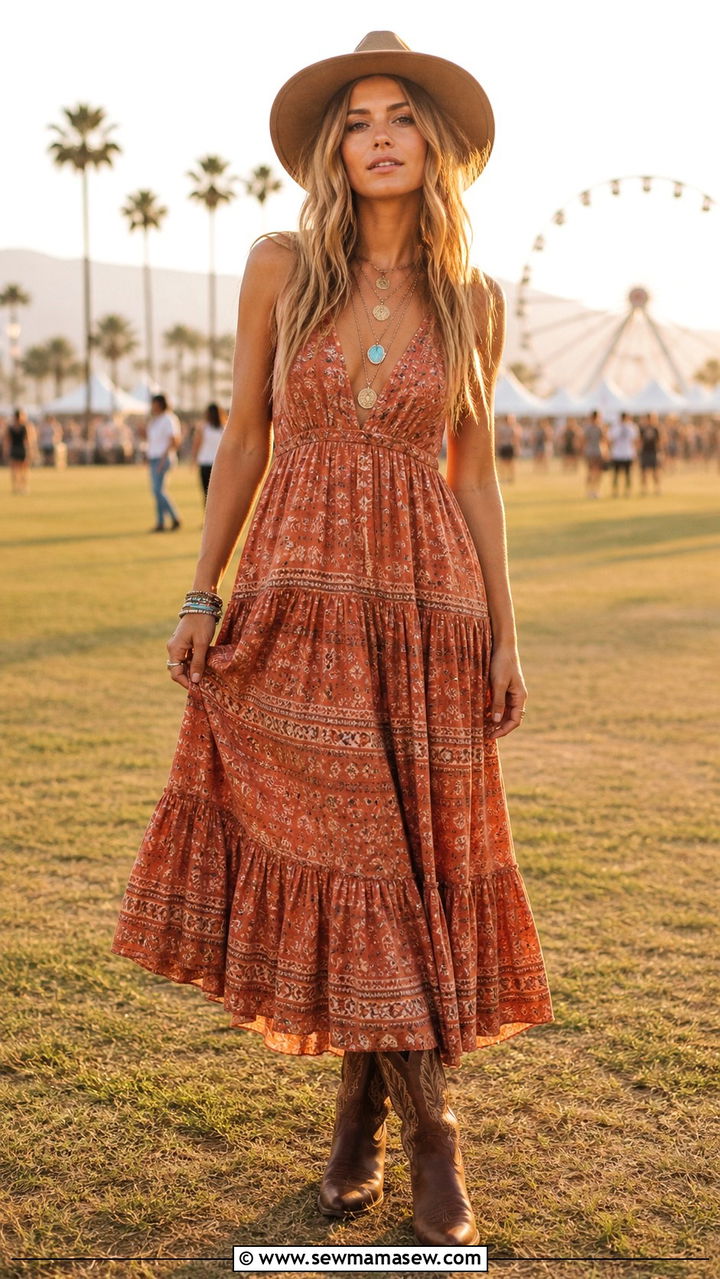 Flowy Maxi Dress with Cowboy Boots - 40 festival outfits for women