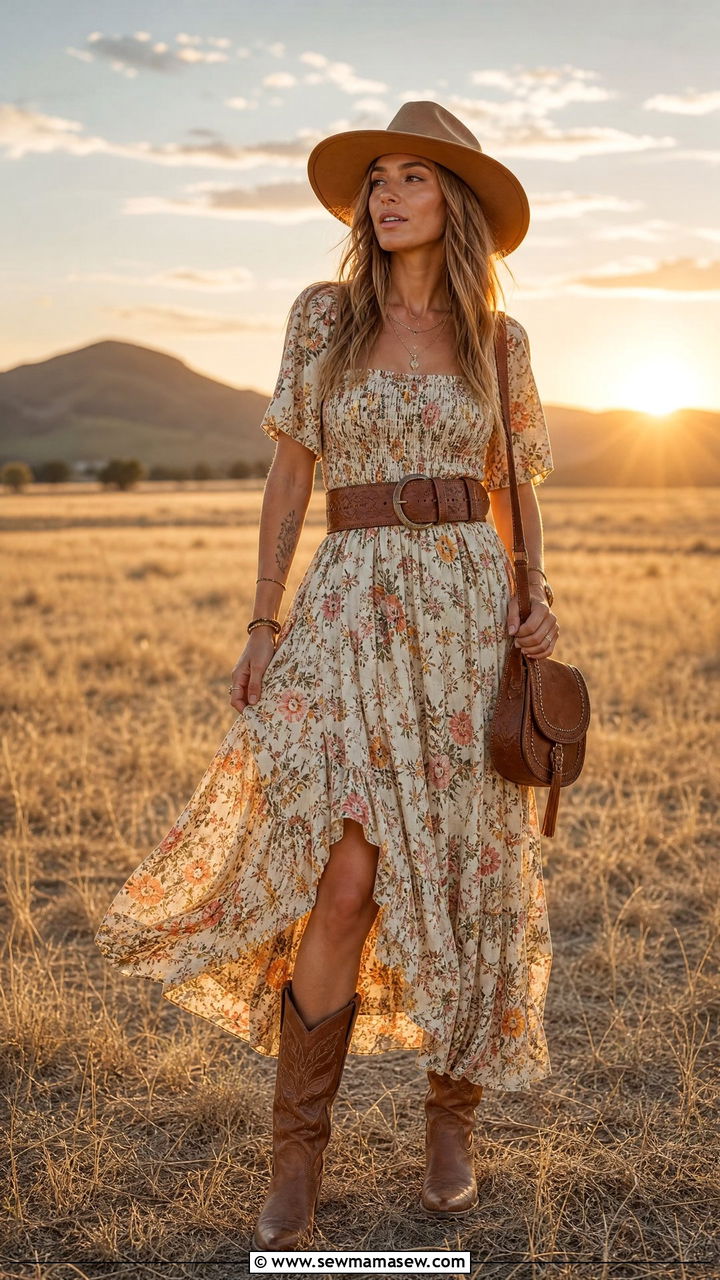 Flowy Maxi Dress with Cowboy Boots Festival Look - 30 festival outfit ideas for women