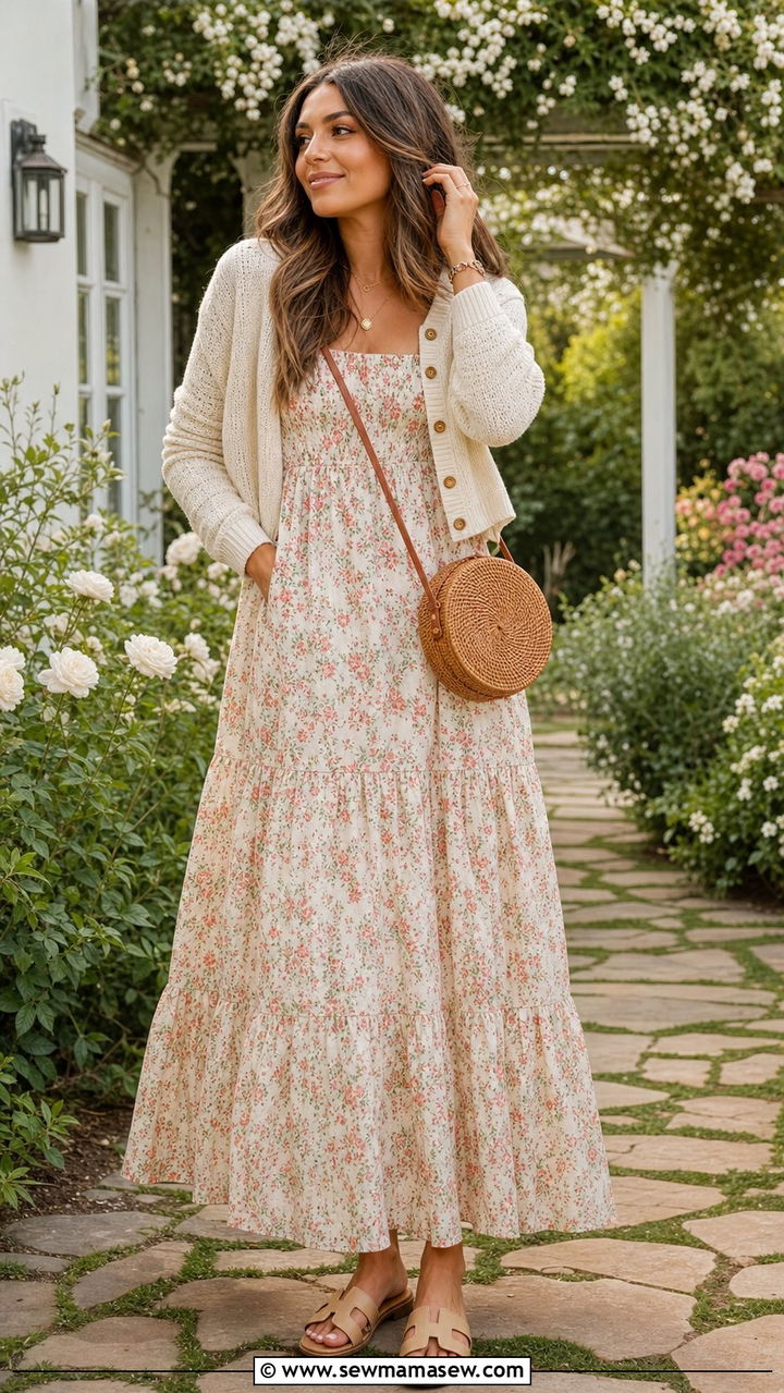 Flowy Maxi Dress with Cropped Cardigan and Sandals Outfit - 25 Cross season outfit ideas