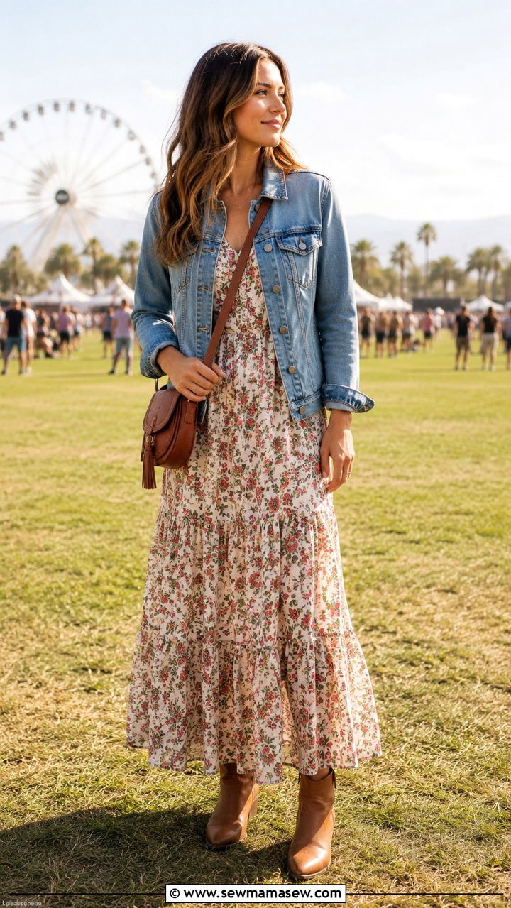 Flowy Maxi Dress with Denim Jacket - 30 modest music festival outfit ideas