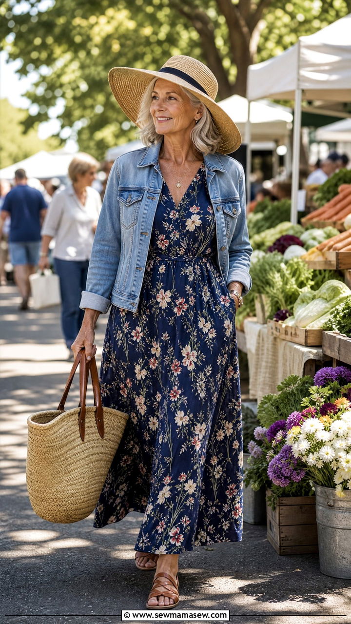 Flowy Maxi Dress with Denim Jacket - 30 Elegant outfits for older women