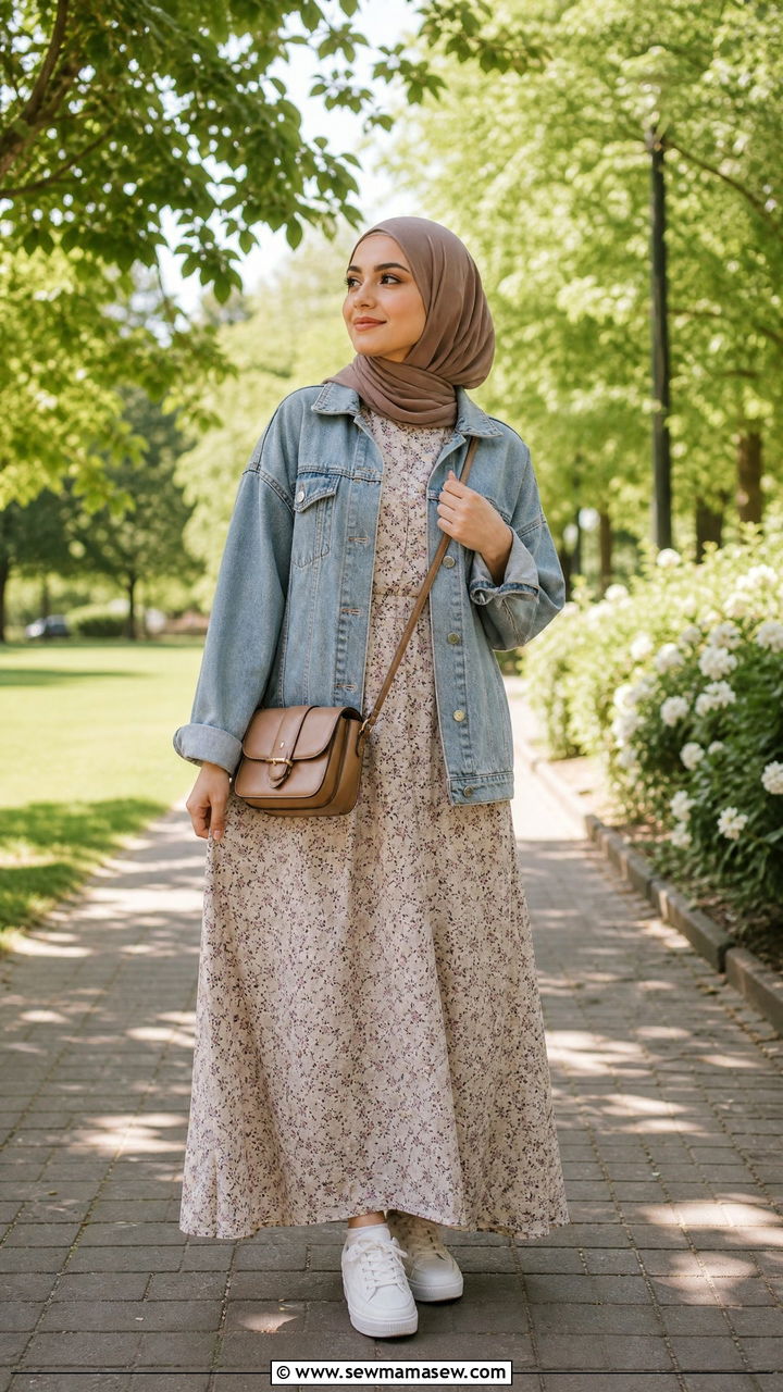 Flowy Maxi Dress with Denim Jacket and White Sneakers - 25 casual outfits for hijab women