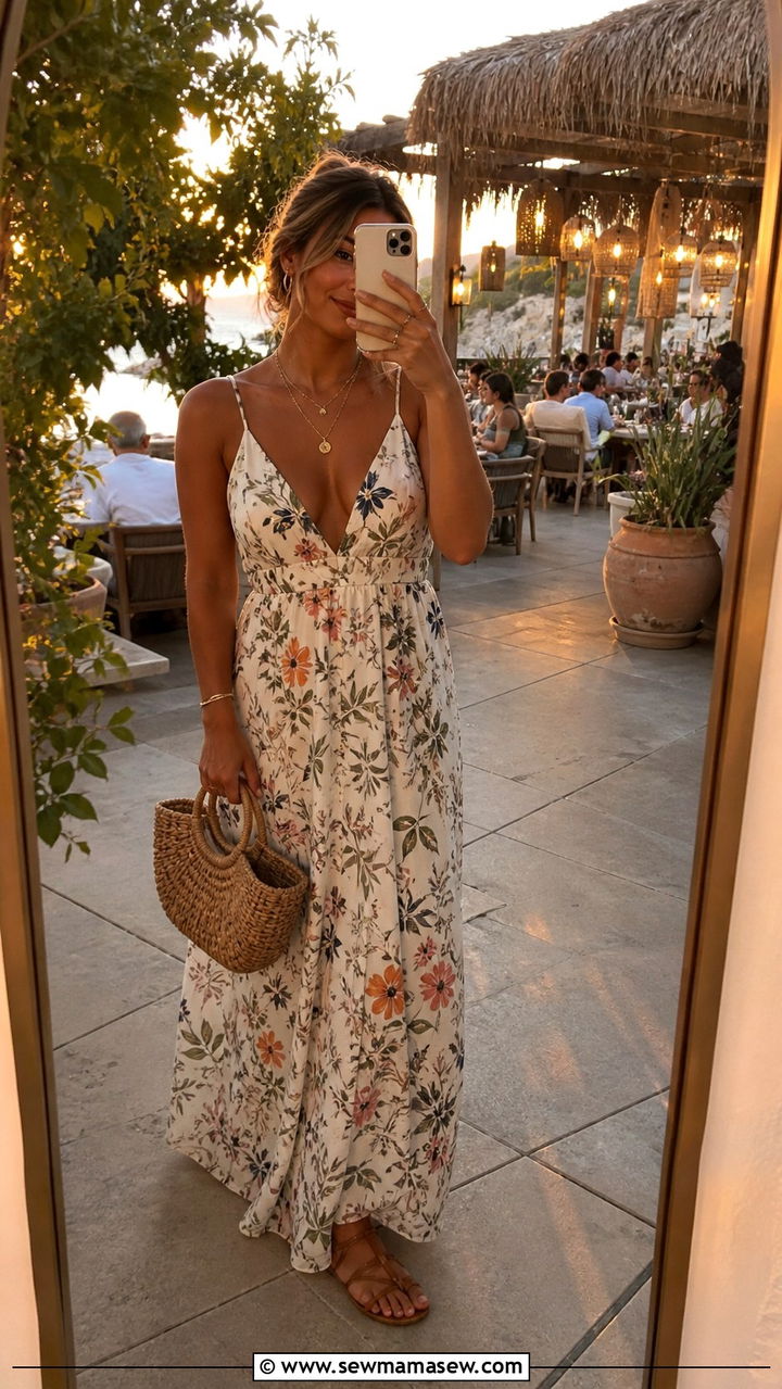 Flowy Maxi Dress with Flat Leather Sandals Outfit - 40 Summer wardrobe staples