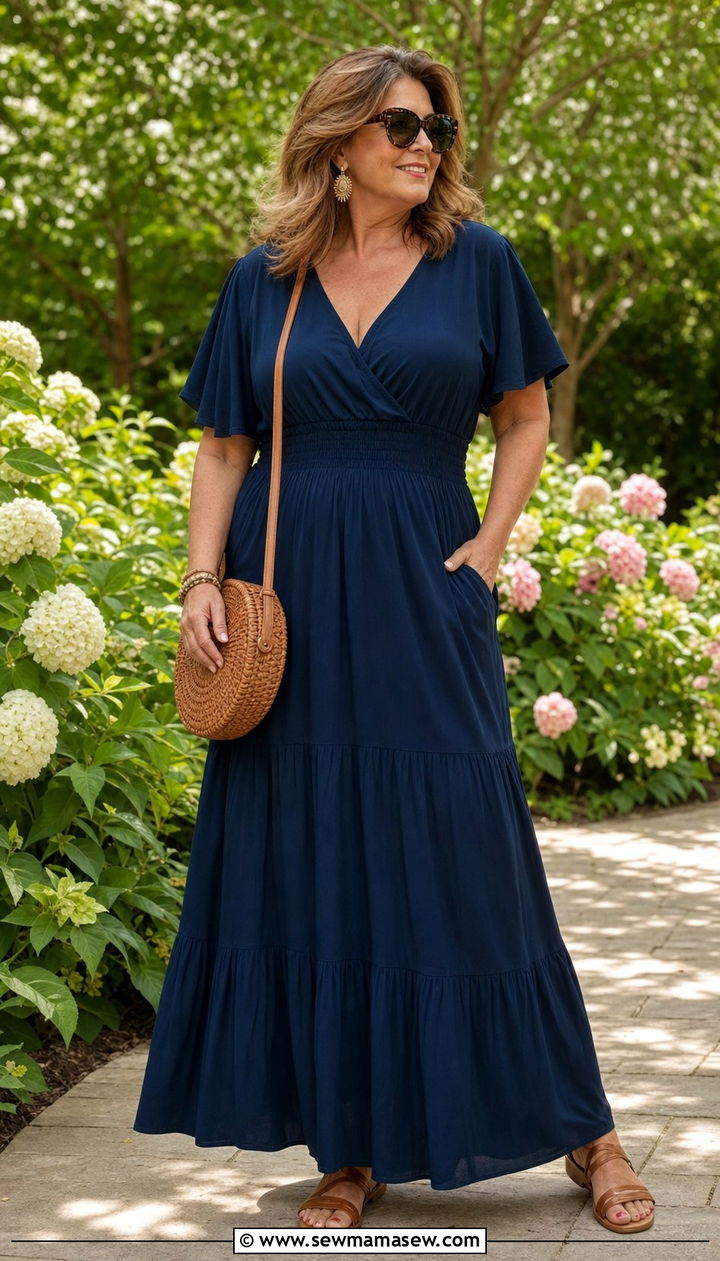 Flowy Maxi Dress with Flat Sandals - 25 Curvy outfits for women over 50