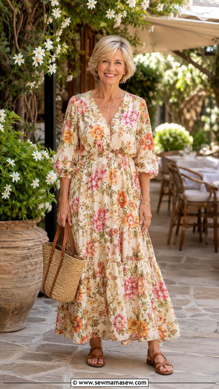 Flowy Maxi Dress with Flat Sandals - 25 What to wear to brunch over 50