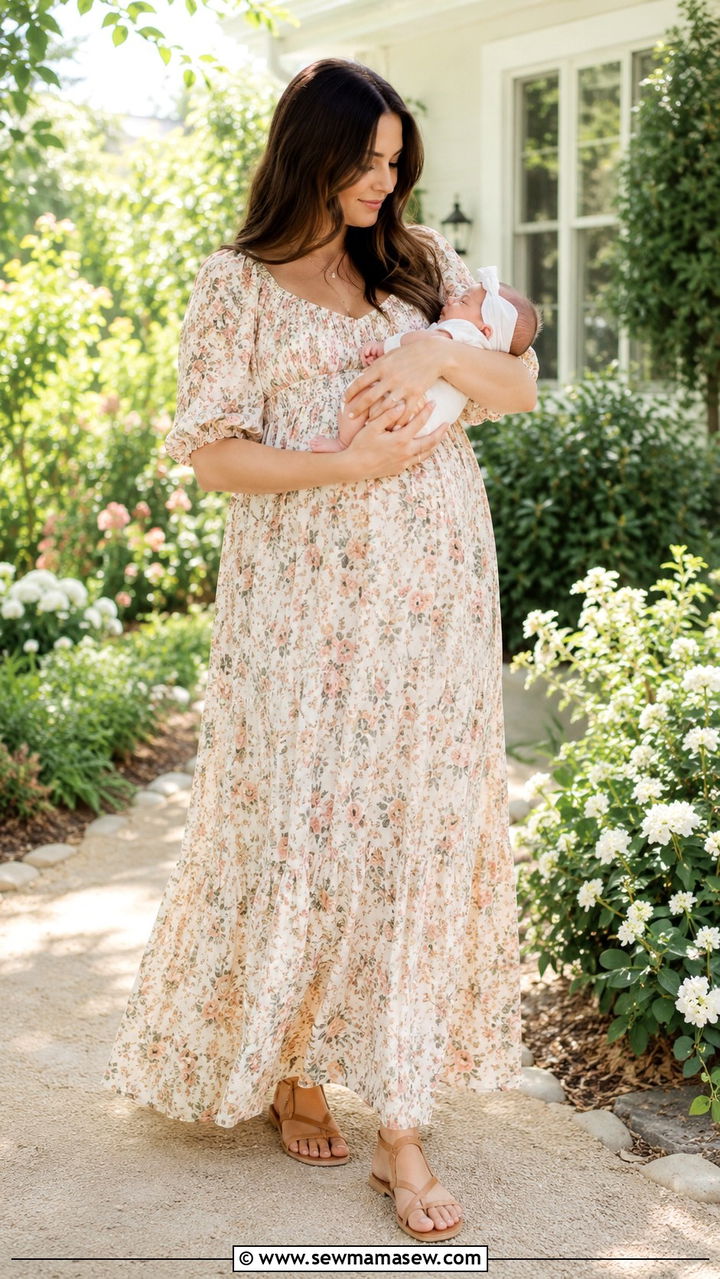 Flowy Maxi Dress with Flat Sandals - 20 Maternity outfit ideas come home outfit