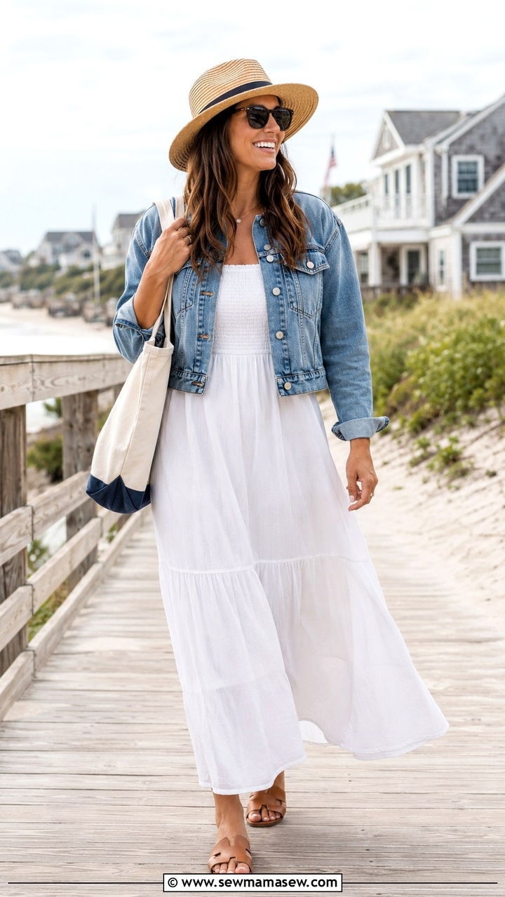 Flowy Maxi Dress with Flat Sandals and Denim Jacket - 25 Outfit ideas for size 16 hourglass