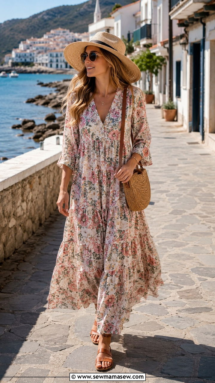 Flowy Maxi Dress with Flat Sandals and Sun Hat - 30 Travel outfit ideas for moms