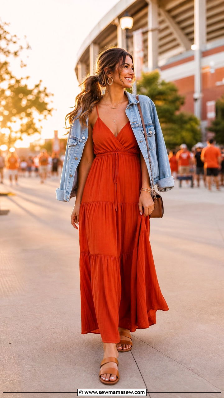 Flowy Maxi Dress with Flat Sandals and a Denim Jacket - 35 Gameday outfit ideas summer