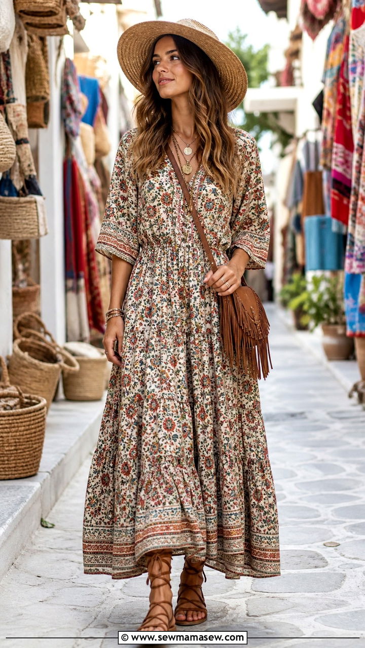 Flowy Maxi Dress with Gladiator Sandals - 40 Bohemian outfit ideas