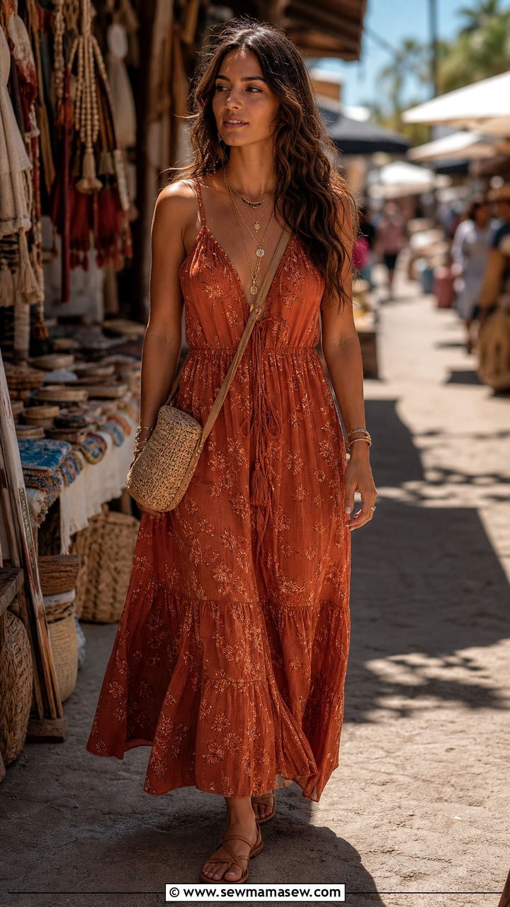 Flowy Maxi Dress with Layered Necklaces and Flat Sandals - 25 cute boho chic outfits